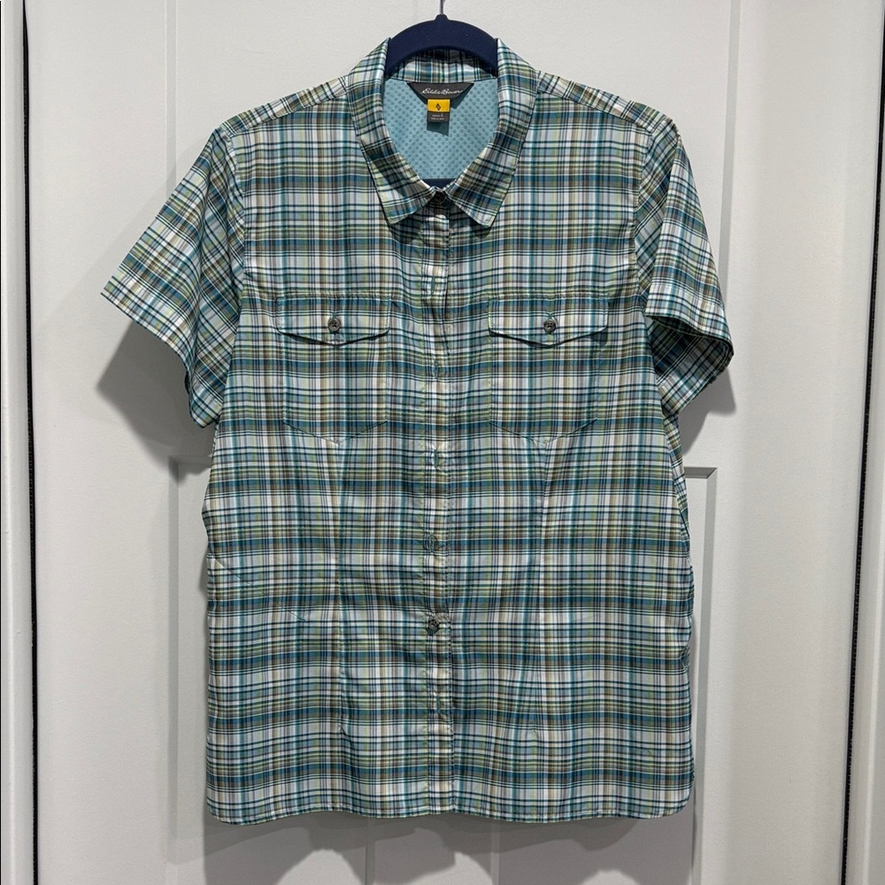 Eddie Bauer Short-Sleeve Plaid Button-Down in Teal, White, and Blue